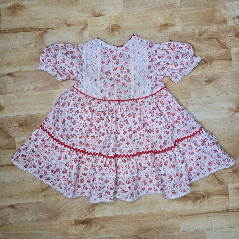 Montgomery Ward Vtg Baby Prarie Cottage Core Floral Red Dress 3T USA Made Lace